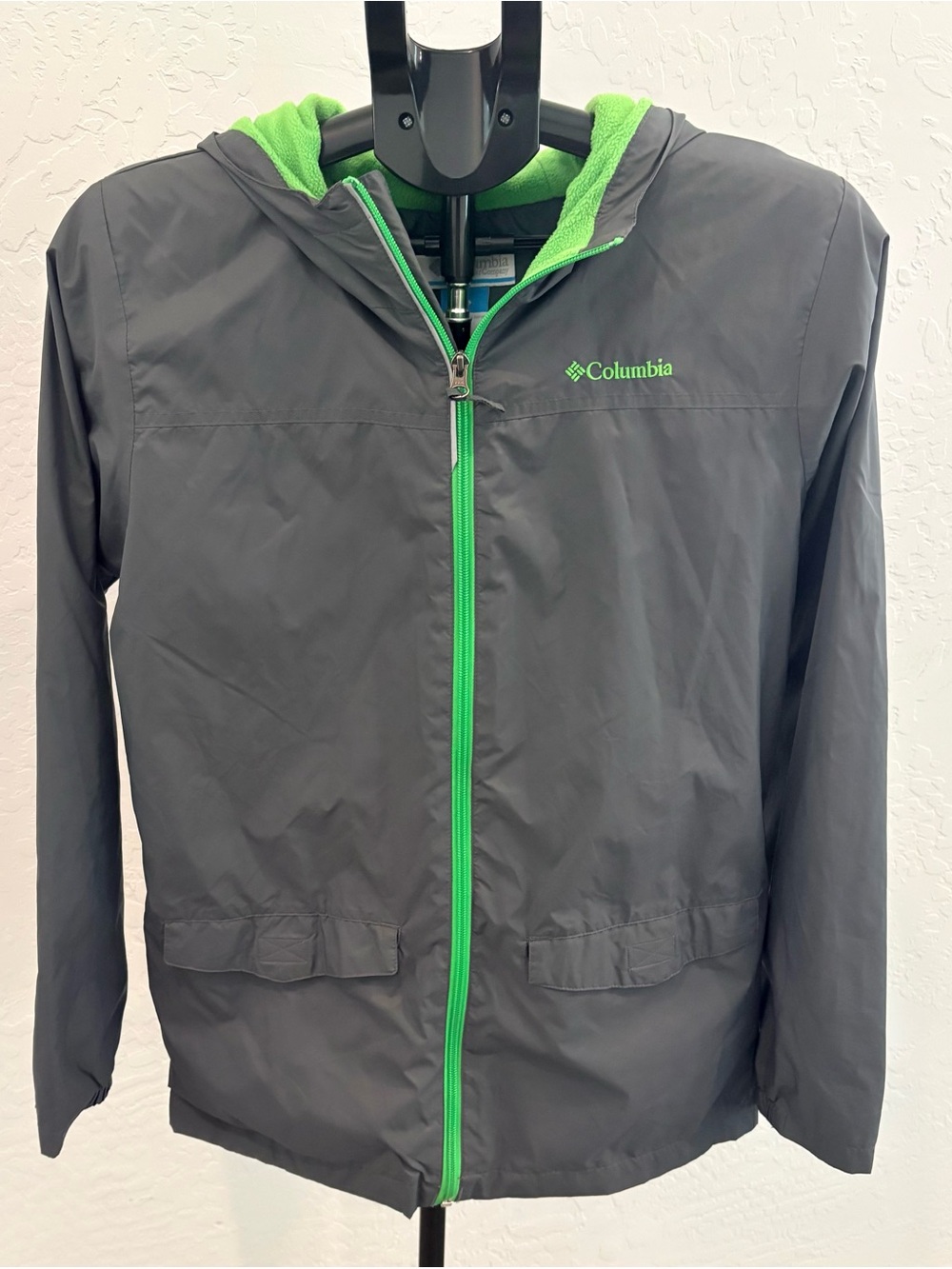 Columbia Rain-Zilla Fleece Lined Hooded Jacket Youth XL 18/20 Gray Green